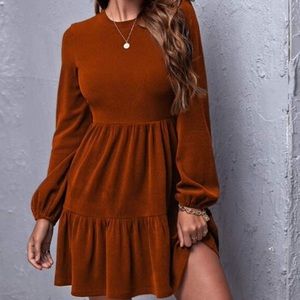 Rust Brown Ribbed Ruffle Mini Babydoll Dress